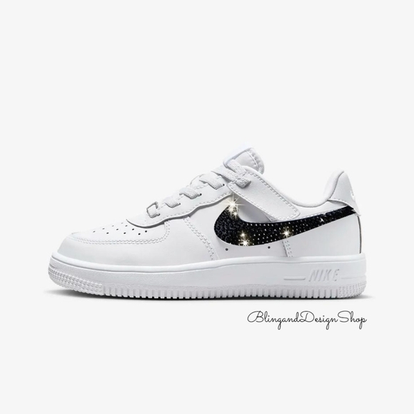 Bling Nike Air Force 1 Low Easy On Sneakers made with Black Crystals Kids - Picture 1 of 6
